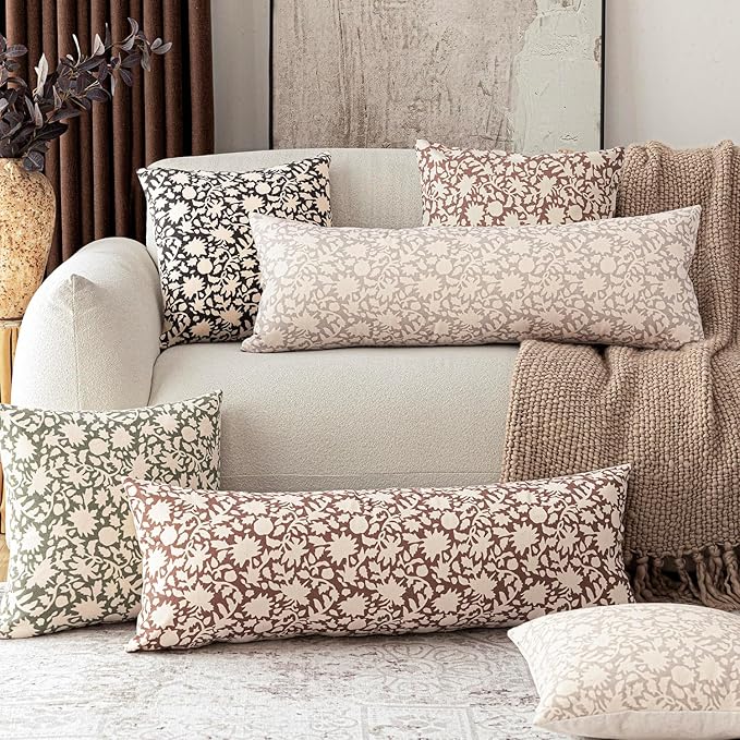 Foindtower Set of 2 Decorative Long Body Lumbar Throw Pillow Covers Accent Farmhouse Cushion Covers Floral Vintage Pillowcase for Couch Sofa Bedroom Living Room Home Decor Outdoor,14×36 Inch,Brown