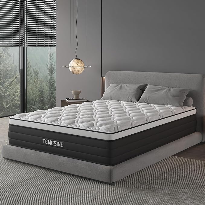 King Size Mattress, 14 Inch Hybrid Mattress in a Box with Individual Pocket Spring, Gel Memory Foam and Euro Top, Medium Firm Feel with Motion Isolation, Pressure Relief, Edge Support,Black
