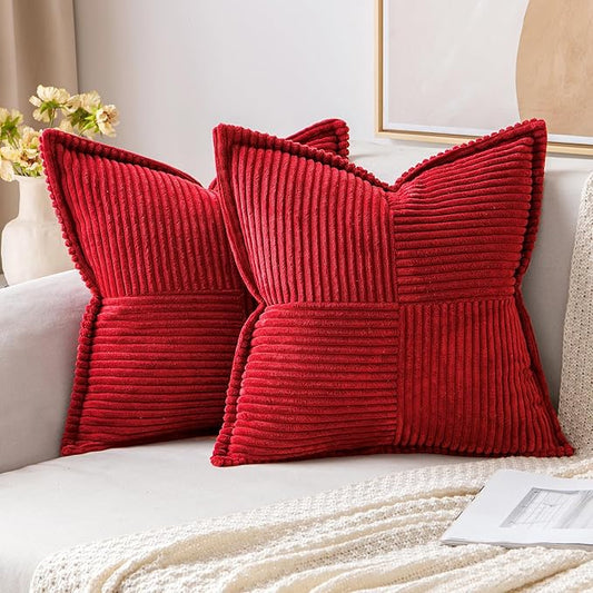 MIULEE Christmas Decorative Throw Pillow Covers for Couch Bed Livingroom 12x12 Inch Set of 2 Red Boho Accent Throw Pllows Broadside Striped Patchwork Soft Corduroy Pillowcases
