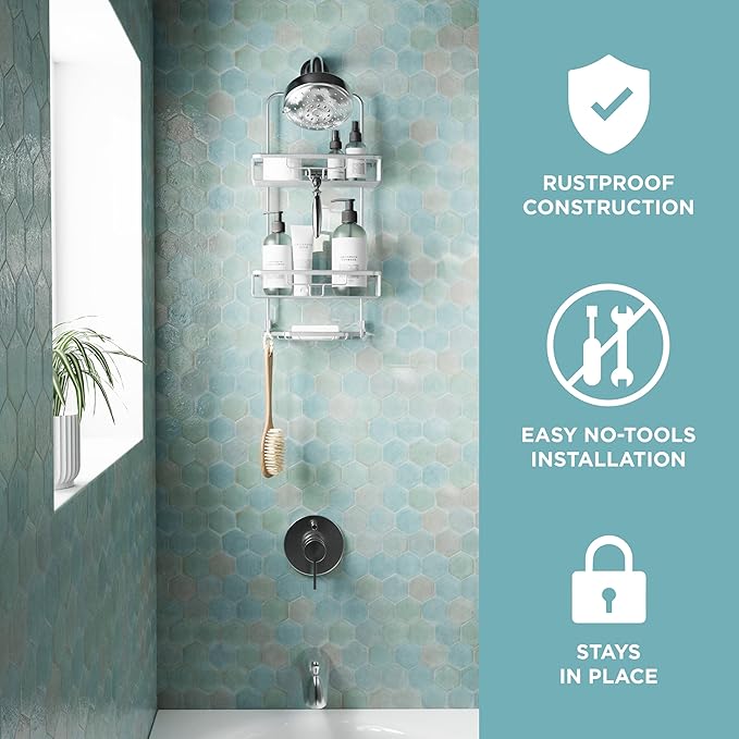Zenna Home Rustproof Hanging Shower Caddy, Over the Shower Head Caddy with 2 Shelves and Built In Hooks, Aluminum Bathroom Hanging Organizer, Satin Chrome