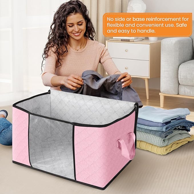 Fab totes 3 Pack Clothes Storage, Foldable Thick Fabric Blanket Storage Bags, Containers for Organizing Bedroom, Closet, Clothing, Comforter,Organization with Handle,Pink