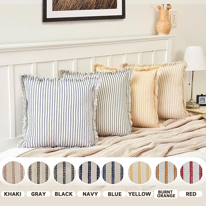 ZWJD Throw Fall Pillow Covers 26x26 Set of 2 Striped Pillow Covers with Fringe Chic Cotton Decorative Pillows Square Cushion Covers for Sofa Couch Bed Living Room Farmhouse Decor