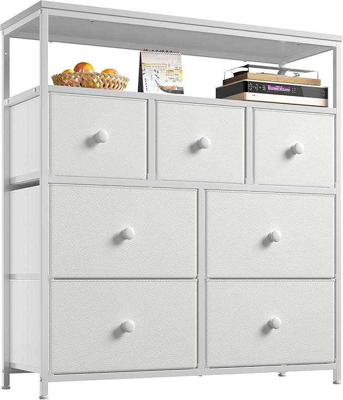 EnHomee Dresser for Bedroom with 7 Drawers and 2 Shelves,Tv Stand for Bedroom White Fabric Dresser for Closet,Hallway,Entryway,Dormitory