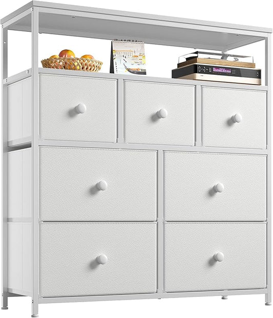 EnHomee Dresser for Bedroom with 7 Drawers and 2 Shelves,Tv Stand for Bedroom White Fabric Dresser for Closet,Hallway,Entryway,Dormitory
