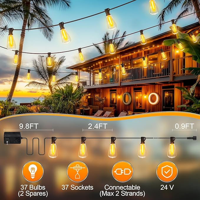 Outdoor String Led Patio Lights - 100Ft 30M Outside Waterproof Light ST38 Shatterproof Bulb Connectable Hanging Outdoor Electric Lighting for Backyard Yard Gazebo Porch Party