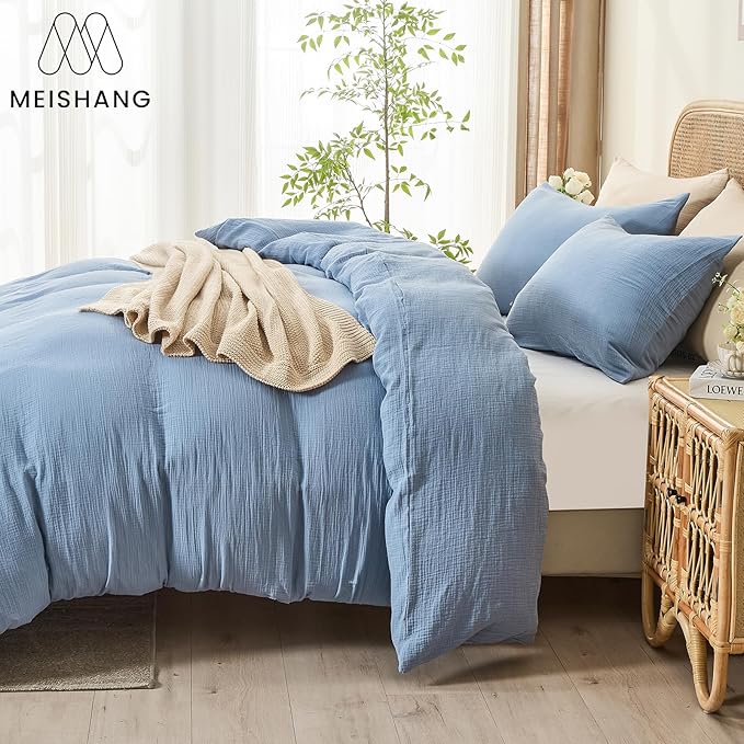 MEISHANG Muslin Duvet Cover Queen Size - 100% Organic Cotton, Soft Textured Gauze Weave Comforter Cover for Breathable All-Season with Zipper Closure - 3 Piece Set (Queen, Smoky Blue)