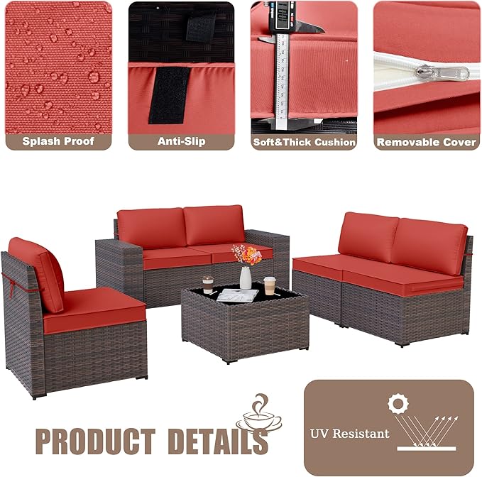 Kurapika 9 Pieces Patio Furniture Set, Rattan Wicker Sofa Set, Outdoor Conversation Sets w/Swivel Rocking Chairs Patio Sectional Sofa w/4 Inch Cushion, Red