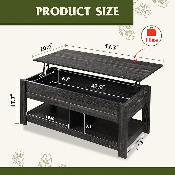 WLIVE Coffee Table, 47" Lift Top Coffee Table with HiddenCompartment and 2 Storage Shelves for Living Room, Espresso