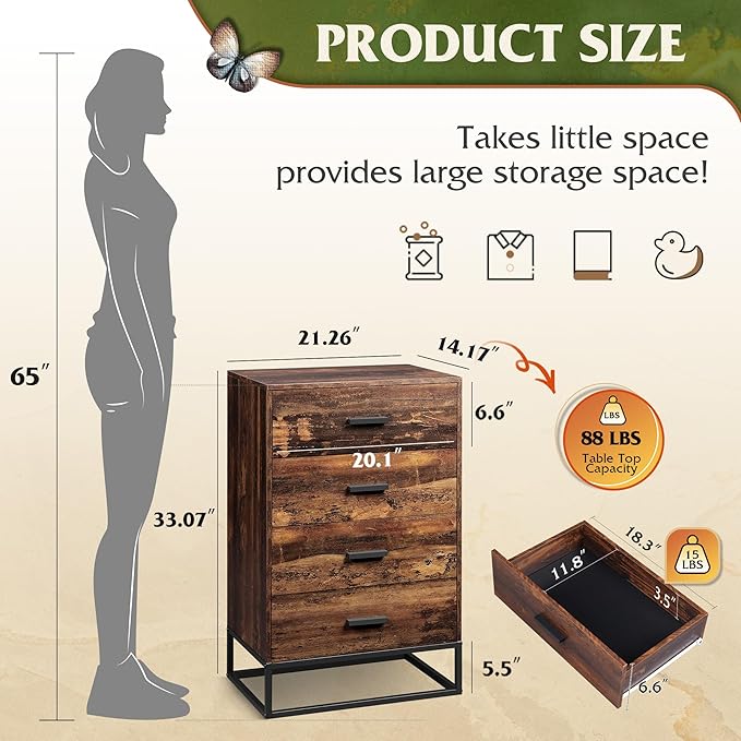 WLIVE Wood Dresser for Bedroom with 4 Drawers, Tall Dresser with Sturdy Metal Frame, Wooden Chest of Drawers for Hallway, Living Room, Closet, Brown Oak