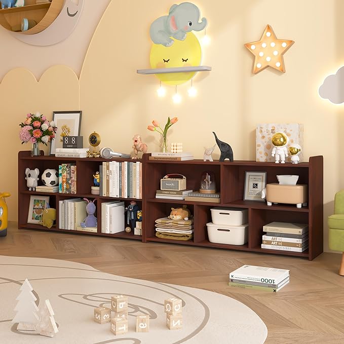 Kids Book Shelf Set of 2, 5 Cubes Storage Organizer Montessori Shelf, Wooden Kids Bookcase, Toy Storage Organizer for Children, Cherry Toddler Bookshelf Cube Shelf for Kid’s Room, Classroom