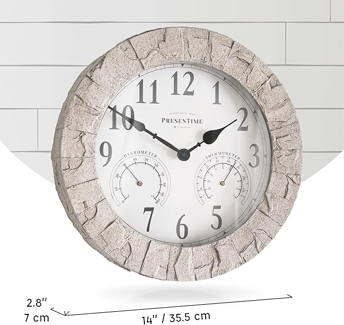 Presentime & Co Sandstone Outdoor Clock with Thermometer & Hygrometer as All in one Weather Station, 14", Coastal Sandstone Finish. Weather Thermometer, Outdoor Décor, Wall Décor.