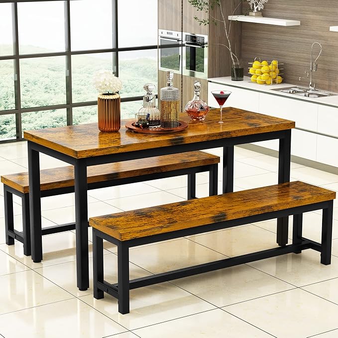 AWQM Dining Room Table Set, Kitchen Set with 2 Benches, Ideal for Home, and Room, Breakfast of 43.3x23.6x28.5 inches, Benches 38.5x11.8x17.5 Industrial Brown (A006-11F2-L)
