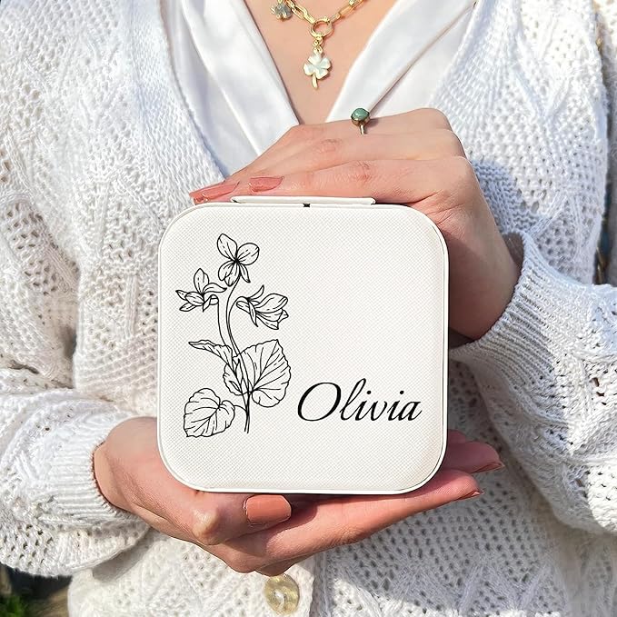 Personalized Jewelry Boxes for Women, Custom Travel Jewelry Case with Name and Birth Flower Month, Portable Jewelry Box Organizer for Mom Birthday Gifts (Customizable)