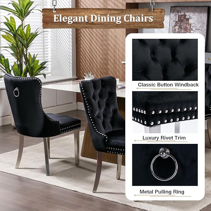 70" Modern Silver Glass Dining Table Set for 4, 5-Piece Rectangle Kitchen Dining Room Table Set with Steel Base & 4 Black Velvet Upholstered Chairs, Modern Glass Kitchen Table and Chairs Set of 4