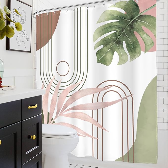 Glawry Abstract Tropical Shower Curtain Extra Long Chic Boho Plant Palm Leaf Watercolor Pink Green Simple Minimalist Bathroom Modern 72Wx84L Inches Bath Accessories Art Home Decor Fabric 12 Pack Hooks