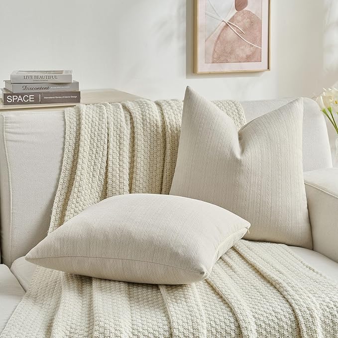 FUTEI Beige Decorative Throw Pillow Covers 18x18 Inch Set of 2,Soft Cozy Wheat Ear Striped Patterns Cushion Cases,Modern Home Decor for Couch Bed Living Room