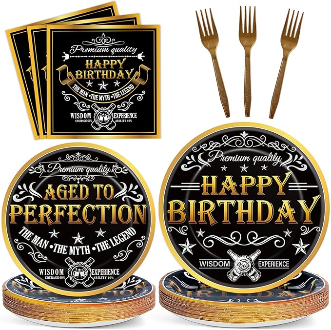 96 Pcs Aged to Perfection Birthday Party Plates Napkins Tableware Set Vintage Theme Birthday Supplies Disposable Dinnerware Black Gold Happy Birthday Party Decoration Favors for Men, 24 Guests