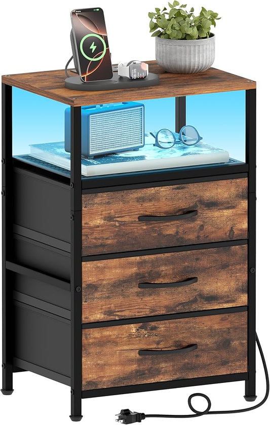 End Table with Charging Station, 11" D x 15" W Night Stand with LED Light, Nightstand with Fabric Drawers, Bedside Table with Open Shelf, Side Table for Bedroom, Living Room, Rustic Brown