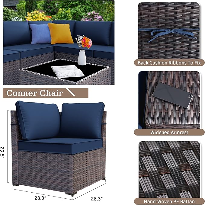 Kurapika 9 Pieces Patio Furniture Set, Rattan Sofa Set, Outdoor Conversation Sets w/Swivel Rocking Chairs Patio Sectional Sofa w/4in Cushion, Navy Blue