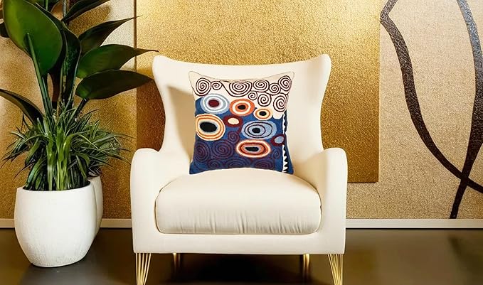 Klimt Blue Decorative Pillow Cover Contemporary Chair Cushion | Modern Blue Sofa Pillowcase | Modern Outdoor Pillows | Mid Century Chair Cushions | Hand Embroidered | Wool Size 18x18