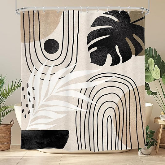 Glawry Boho Mid Century Shower Curtain Abstract Plant Tropical Palm Leaf Modern Geometric Minimalist Bathroom Black Beige Brown 72Wx78L Inches Bath Accessories Art Home Decor Fabric 12 Pack Hook