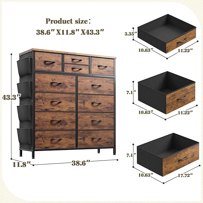 EnHomee Dresser for Bedroom with 12 Drawers, Tall Dressers & Chest of Drawers with Side Pockets, Fabric Dresser for Bedroom, Closet, Hallway, Living Room, Sturdy Metal Frame, Wood Top, Rustic Brown
