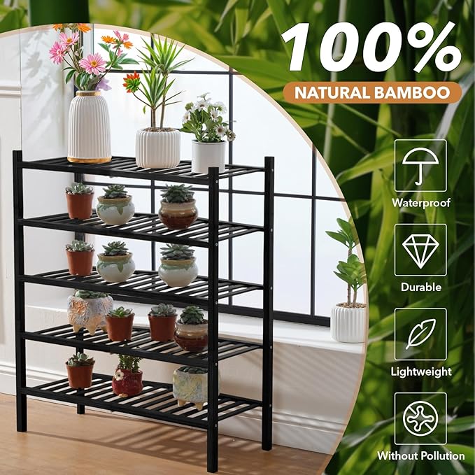 5 Tier Bamboo Shoe Rack Storage Organizer for Closet, Multifunctional Stackable Free Standing Shoe Shelf Organizer for Small Space,Entryway, Hallway, Bathroom27 x11 x32 (Black, 5 Tier)