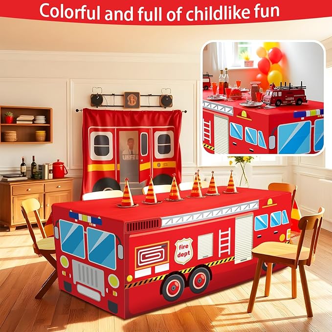 8Ft Fire Truck Birthday Party Tablecloth,Firefighter Birthday Party Decorations,Fire Truck Table Cloth for Kids Boys Firefighter Firetruck Theme Party Decorations Supplies