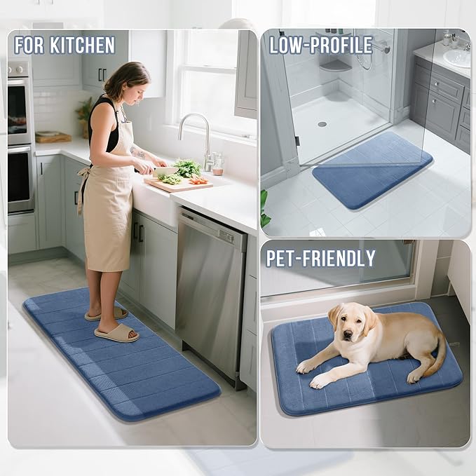 Yimobra Memory Foam Bath Mat, Super Soft Absorbent Bathroom Rug Non Slip 24x17 Inch, Quick Dry, Machine Washable Floor Carpet for Tub Shower, Home Decor Accessories, Denim Blue