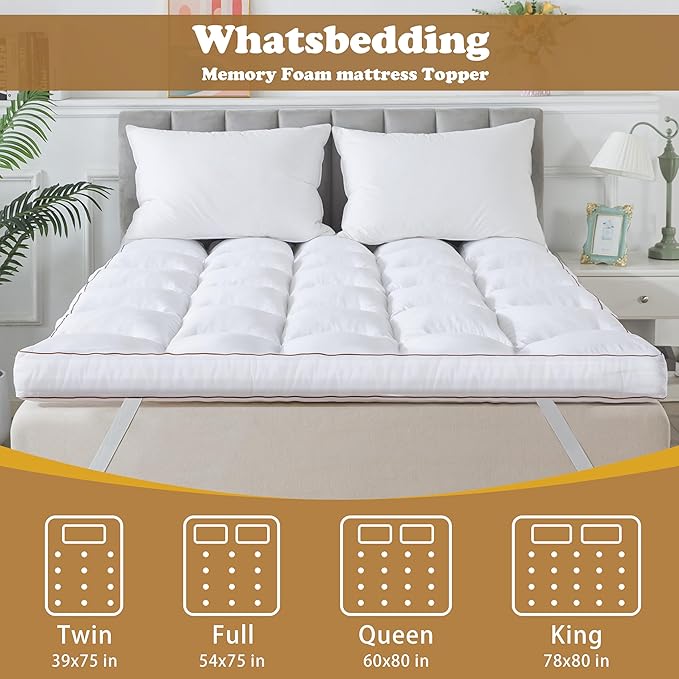 WhatsBedding 3 Inch Memory Foam Mattress Topper Queen Size for Back Pain, 1700GSM Fluffy Shredded Memory Foam Filled Pillow Top, Extra Soft Bed Topper, Thicked Down Alternative-Lined, 60x80in