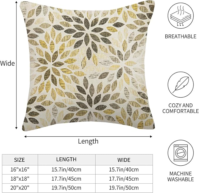 Grey Yellow Black Pillow Covers 16x16 Inch Set of 2 Summer Rust Geometric Flower Outdoor Decorative Throw Pillows Farmhouse Yellow Dahlia Pillow Case Linen Square Cushion Cover for Home Sofa Bedroom
