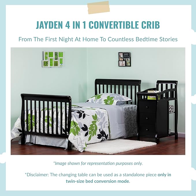 Dream On Me Jayden 4‑in‑1 Mini Convertible Baby Crib & Changer with Storage in White, Pinewood, GreenGuard Gold & JPMA, 1” Mattress Pad, 3 Mattress Heights, Converts to Mini Day & Twin-Size Bed