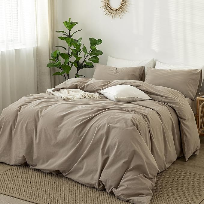 MooMee Bedding Duvet Cover Set 100% Washed Cotton Linen Like Textured Breathable Durable Soft Comfy (Solid Mocha Brown, Super Queen 90"x98")