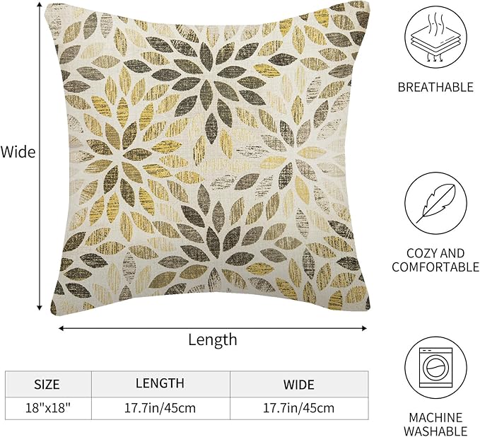 Grey Yellow Black Pillow Covers 18x18 Inch Set of 2 Summer Rust Geometric Flower Outdoor Decorative Throw Pillows Farmhouse Yellow Dahlia Pillow Case Linen Square Cushion Cover for Home Sofa Bedroom