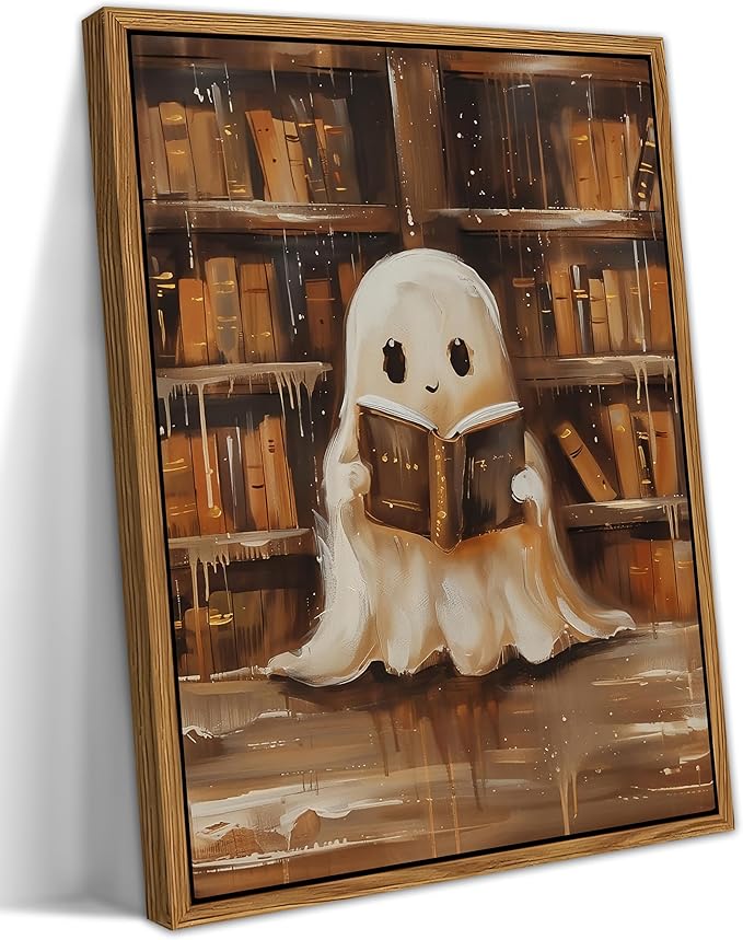 Vintage Framed Ghost Reading Books Canvas Wall Art for Home Office - Halloween Academia Cute Ghost Picture Paintings Prints, Halloween Room Aesthetic Decor for Living Room Bedroom 16x24 inch