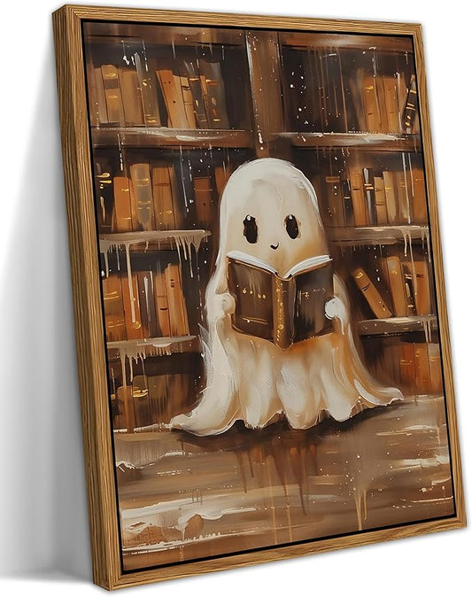Vintage Framed Ghost Reading Books Canvas Wall Art for Home Office - Halloween Academia Cute Ghost Picture Paintings Prints, Halloween Room Aesthetic Decor for Living Room Bedroom 16x24 inch