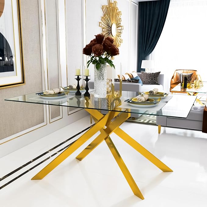 Goujxcy Gold Dining Table Set for 4, Glass Kitchen Table with Chair Set, Modern 51" Rectangle Glass Dining Table and 4 White PU Leather Chairs with Metal Frame for Kitchen Dining Room