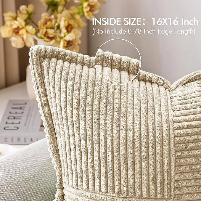 MIULEE Decorative Throw Pillow Covers for Couch Bed Livingroom 16x16 Inch Set of 2 Cream Boho Accent Throw Pllows Broadside Striped Patchwork Soft Corduroy Pillowcases