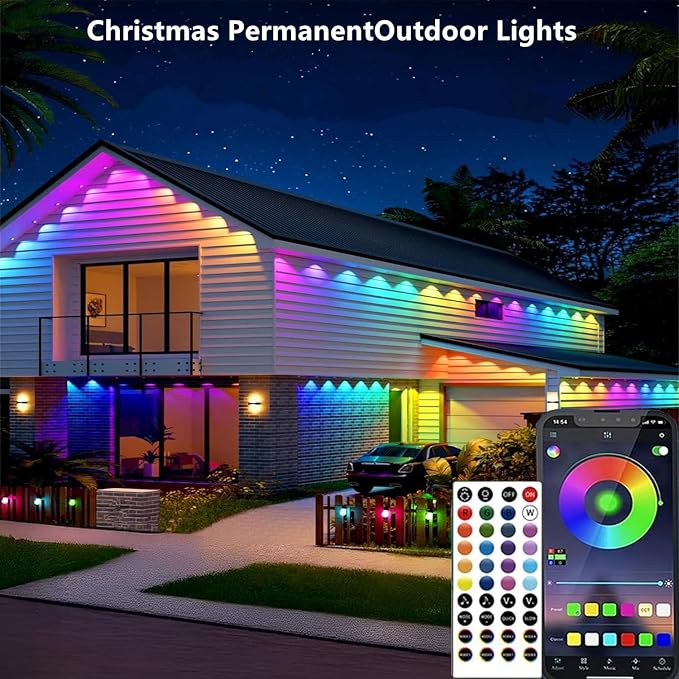 Permanent Outdoor Lights,200ft RGB + IC Smart LED Eaves Lights with App & Remote Control, IP67 Waterproof,for Christmas and All Holiday Decor,Daily and Accent Lighting,House Roof and Garden Lighting