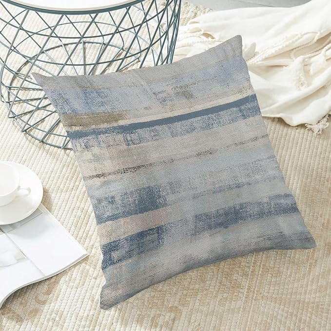 Boho Blue Grey Stripe Throw Pillow Covers 20x20 Inch Set of 2, Rustic Abstract Decorative Throw Pillow Covers Retro Stripe Linen Outdoor Cushion Cover for Sofa Couch Farmhouse Room Bed Decor