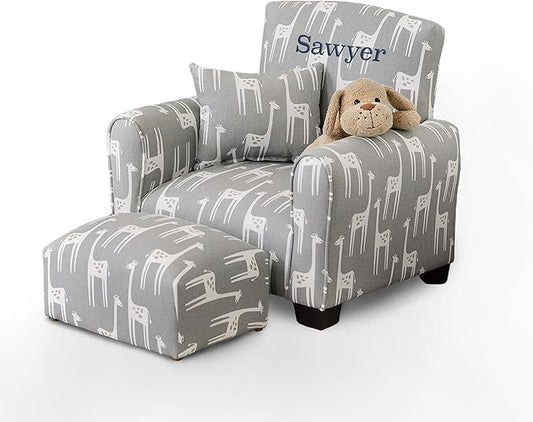 Toddler Personalized Armchair, Kids Upholstered Rocking Chair with Personalization, Toddler Chair with Personalized Name, Comfy Child Armchair, (Grey Giraffes Print, Rockers)