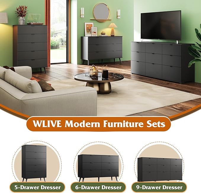 WLIVE Black Dresser for Bedroom, 47.24'' Wide 6 Drawer Wood Dresser Storage Organizer with Sturdy Metal Handle, TV Stand for 55 inch TV, Chest of Drawers for Living Room, Hallway, Closet