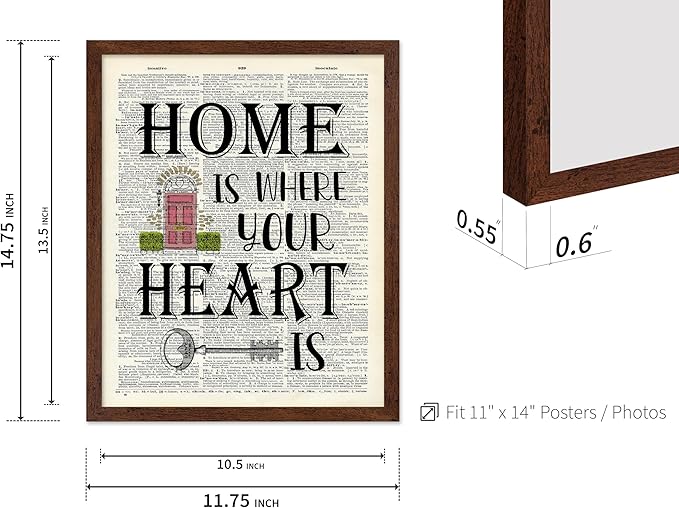 Poster Master Dictionary Art Poster - Home Is Where Your Heart Is Print - Motivational Art - Gift for Men & Women - Inspiring Wall Decor for Dorm, Bedroom or Living Room, 11x14 Brown Framed