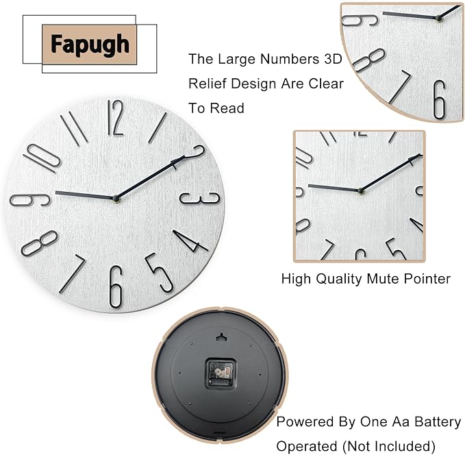 12 Inch Wall Clock Silent Non Ticking, Preciser Modern Style Decor Clock for Home, Office, School, Kitchen, Bedroom, Living Room, Wall Clock Without Second Hand