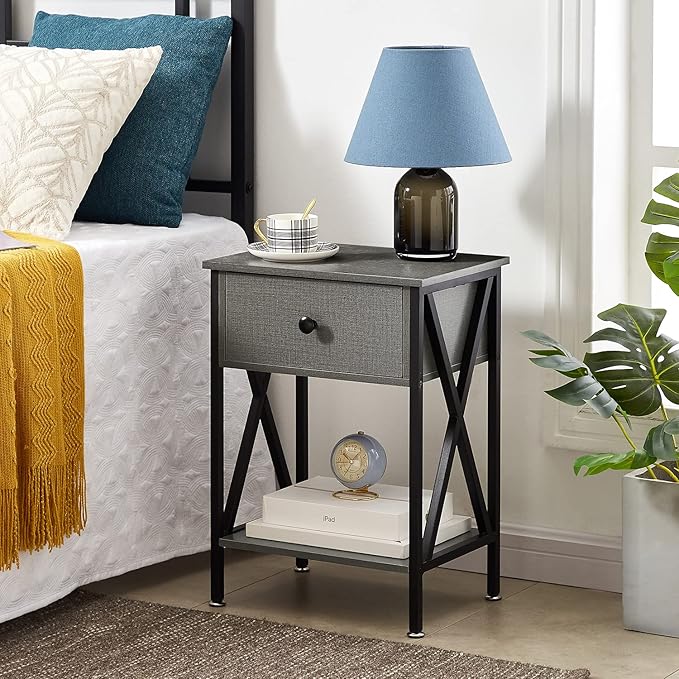 VECELO Nightstand,Modern Bedside End Table, Night Stand with Drawer and Storage Shelf for Living Room Bedroom, Industrial Metal Frame