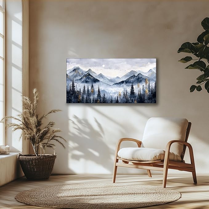 SERIMINO Mountain Landscape Large Wall Art, Misty Forest Canvas Prints, Blue Gold Watercolor Pine Tree Paintings Wall Decor Living Room Bedroom, Natural Scenery Office Decor Pictures 20"X40"