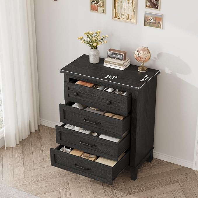 GarveeHome 4 Dresser for Bedroom, 34.8" Tall Vertical Drawer Dresser with Large Storage, Freestanding Wooden Closet Chest for Bedroom, Living Room, Black