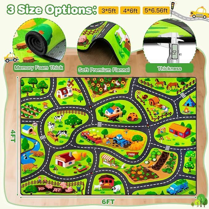 Kids Farm Play Rug, 4x6 Ft Happy Farm Activity Playmat, Extra Thick (0.4in) - Non-Slip Car Rugs for Kids' Toy Cars, Educational Play Mat Race Track Carpet for Kid's Room, Bedroom and Learning