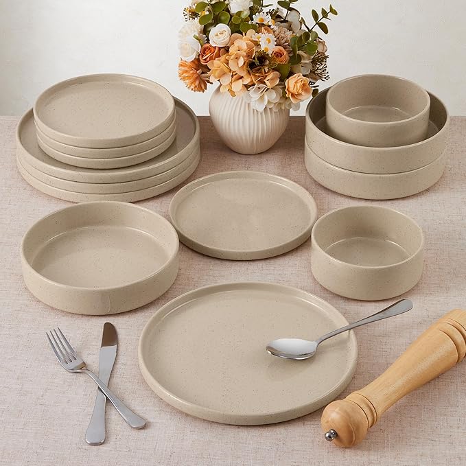 E-far Dinnerware Sets for 6, 18-Piece Stoneware Plates and Bowls Dish Set, Modern Kitchen Dinning Dishware, Chip and Scratch Resistant, Microwave & Dishwasher Safe, Speckled Khaki