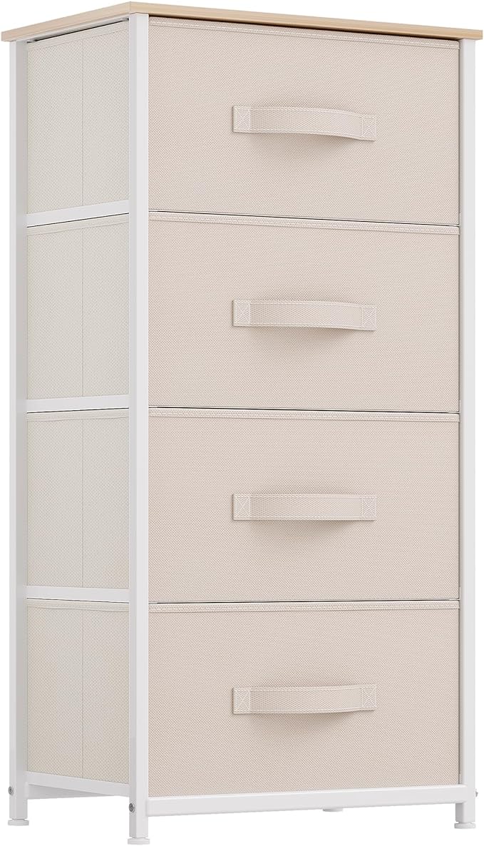 DWVO Storage Tower with 4 Drawers - Fabric Dresser, Organizer Unit for Bedroom, Living Room, Closets - Sturdy Steel Frame, Easy Pull Fabric Bins & Wooden Top (Cream White)